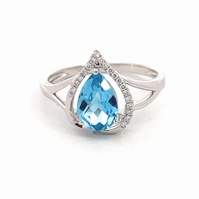 14K White Gold Blue Topaz And Round Diamonds Free Form Ring