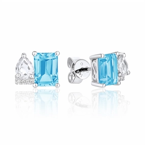 14K White Gold Blue Topaz And White Topaz Toi Et Moi Earrings