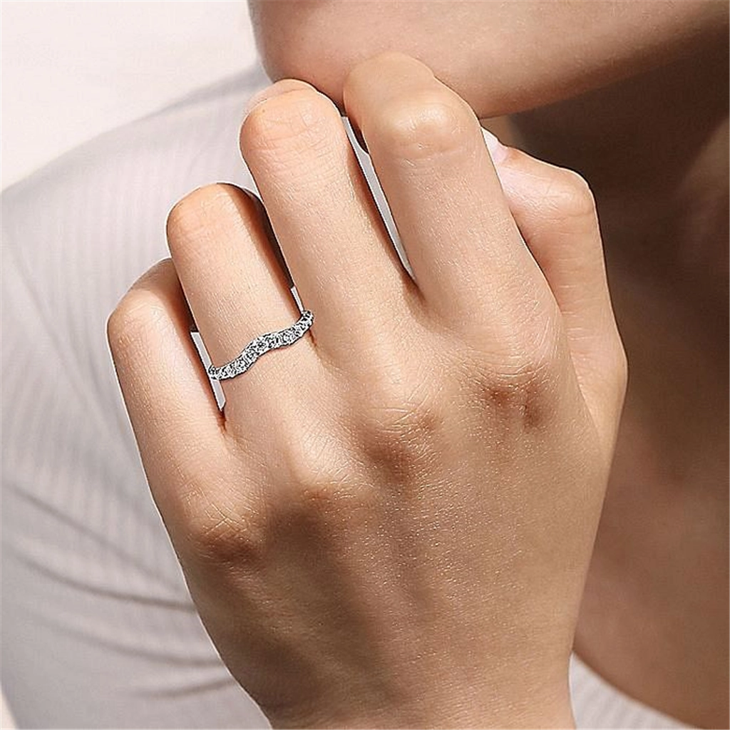 14K White Gold Curved French Pav Diamond Wedding Band
