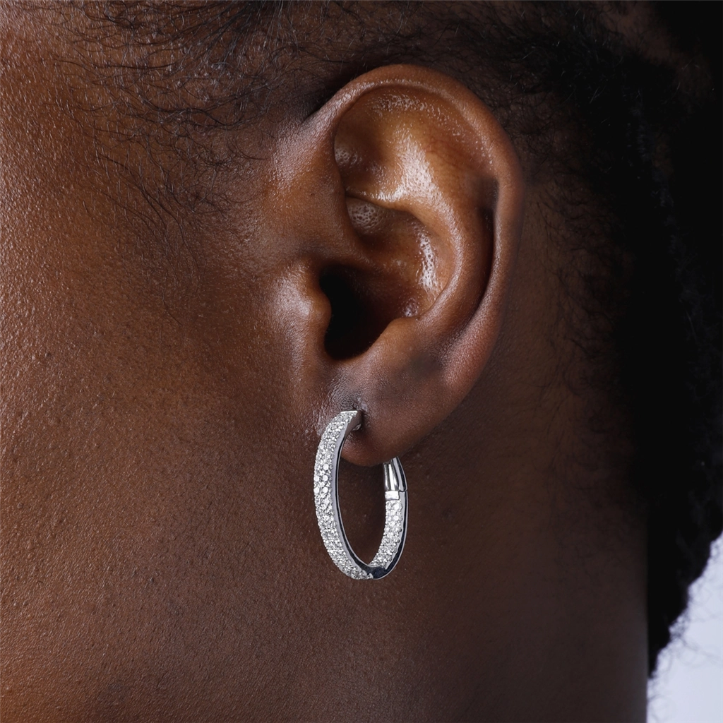 14K White Gold Double Row Diamond Hoop Earrings