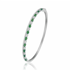 14K White Gold Emerald And Diamond Bangle Bracelet