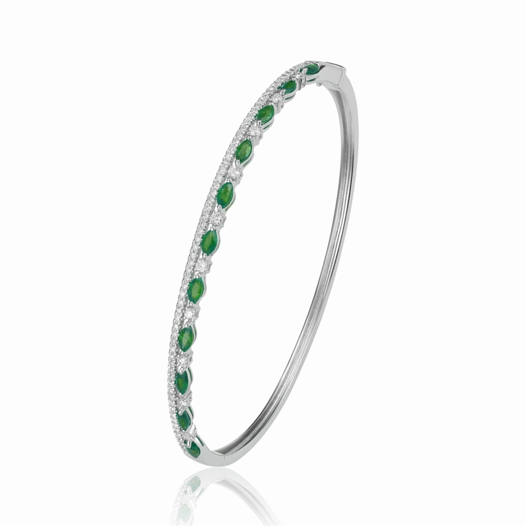 14K White Gold Emerald And Diamond Bangle Bracelet