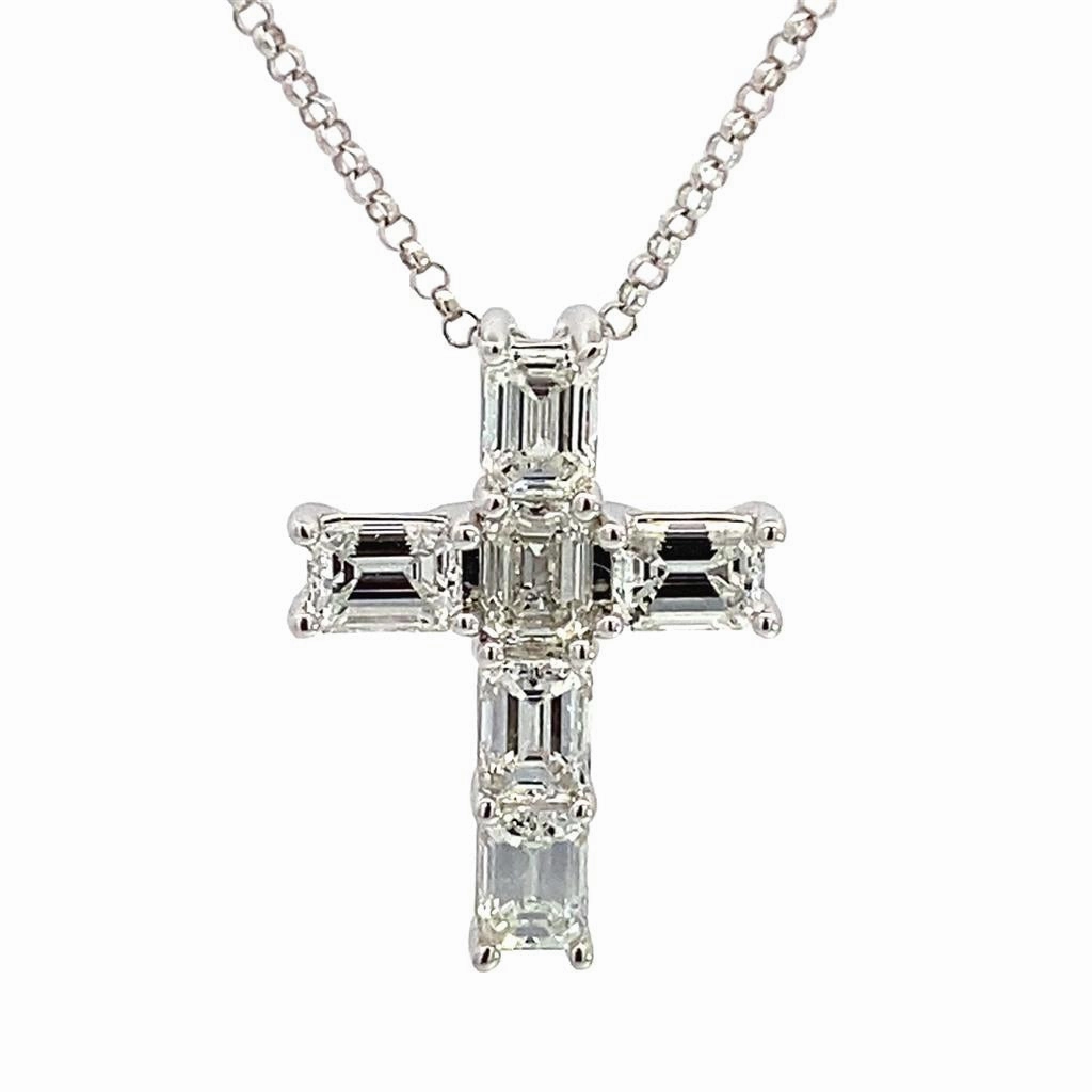 14K White Gold Emerald Cut Diamond Cross Pendant Necklace