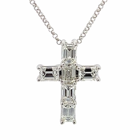 14K White Gold Emerald Cut Diamond Cross Pendant Necklace
