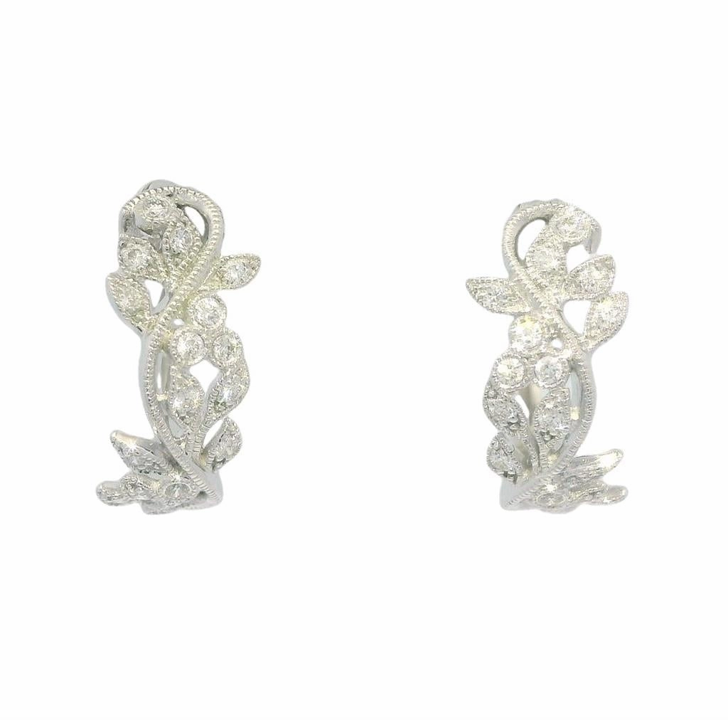 14K White Gold Floral Diamond Hoop Earrings
