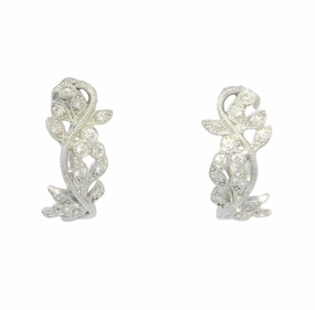 14K White Gold Floral Diamond Hoop Earrings