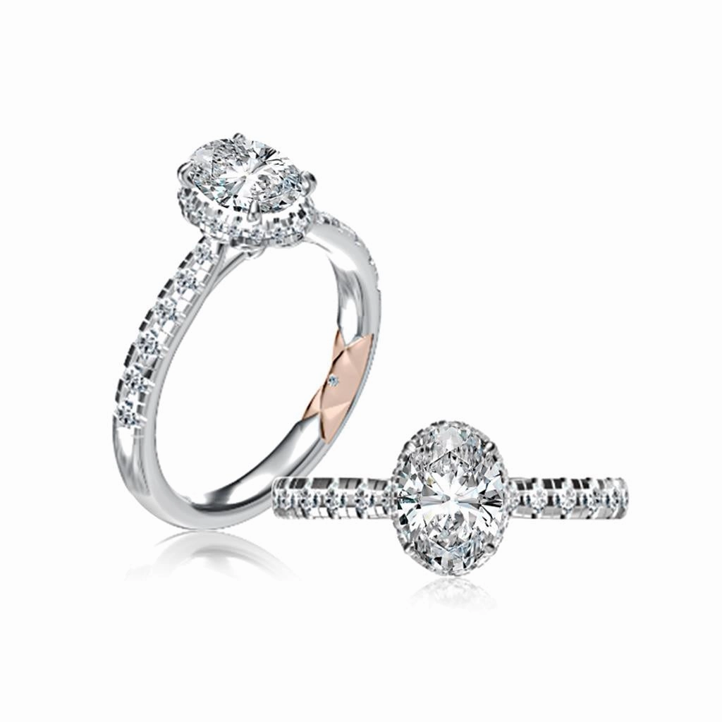 14K White Gold Hidden Halo Oval Natural Diamonds Engagement Ring
