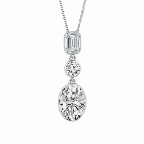 14K White Gold Lab Grown 3 Stone Drop Pendant Necklace