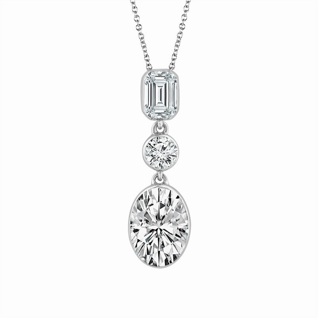 14K White Gold Lab Grown 3 Stone Drop Pendant Necklace