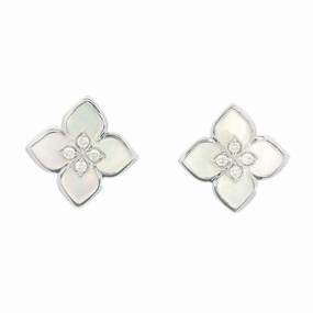 14K White Gold Mother Of Pearl And Diamond Flower Earrings