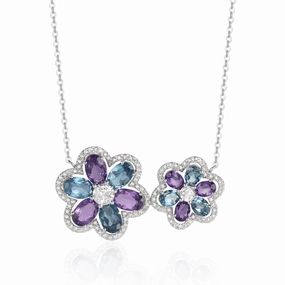 14K White Gold Multi-colored Two Flower Necklace