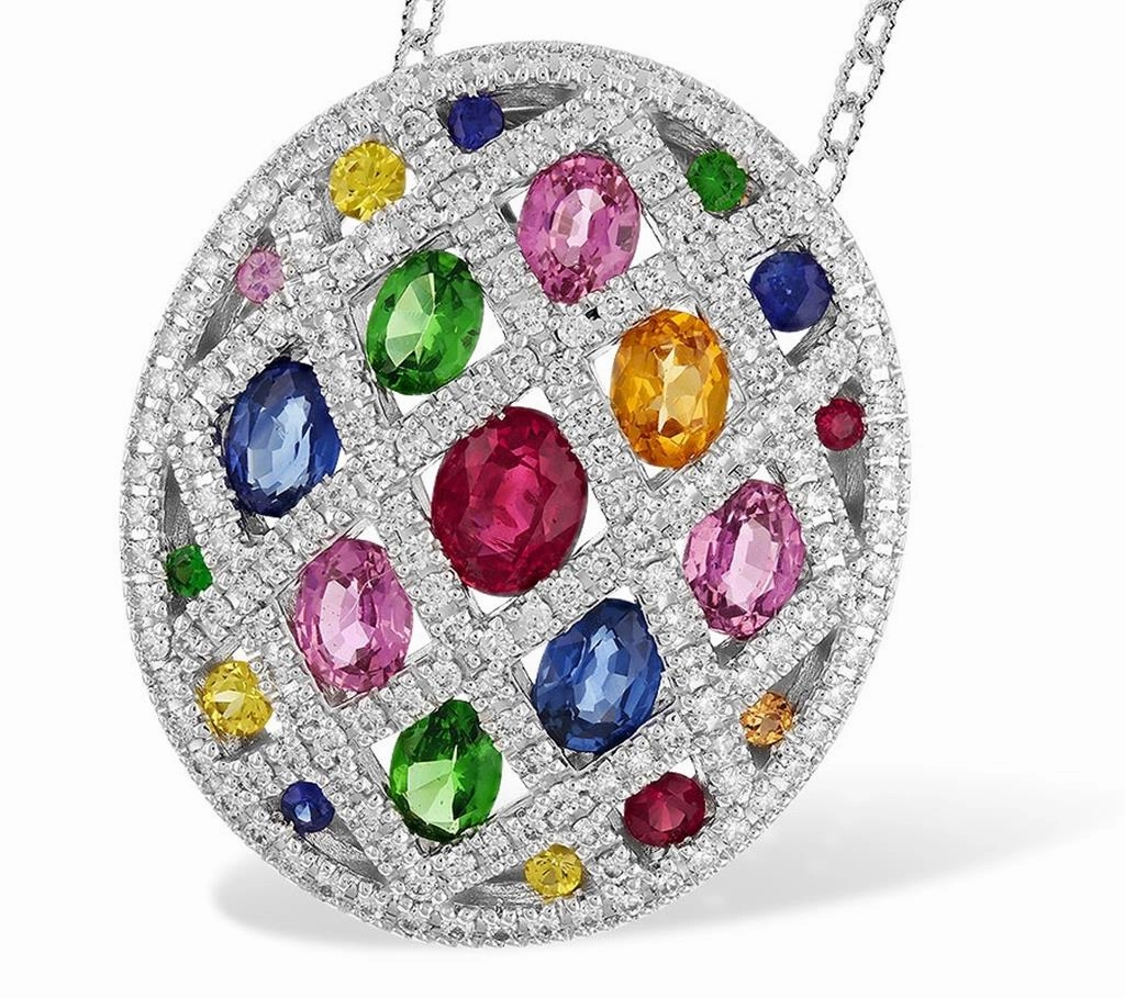 14K White Gold Multicolored Stone And Diamond Oval Pendant Necklace
