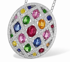 14K White Gold Multicolored Stone And Diamond Oval Pendant Necklace