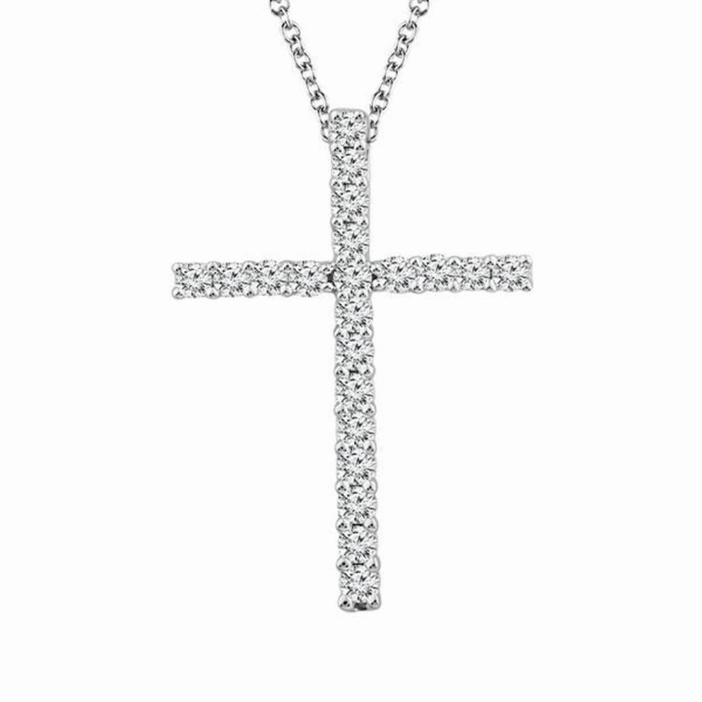 14K White Gold Natural Diamonds Cross Pendant Necklace