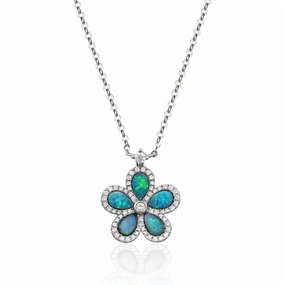 14K White Gold Opal And Diamond Flower Necklace