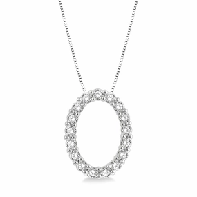 14K White Gold Oval Diamond Pendant Necklace