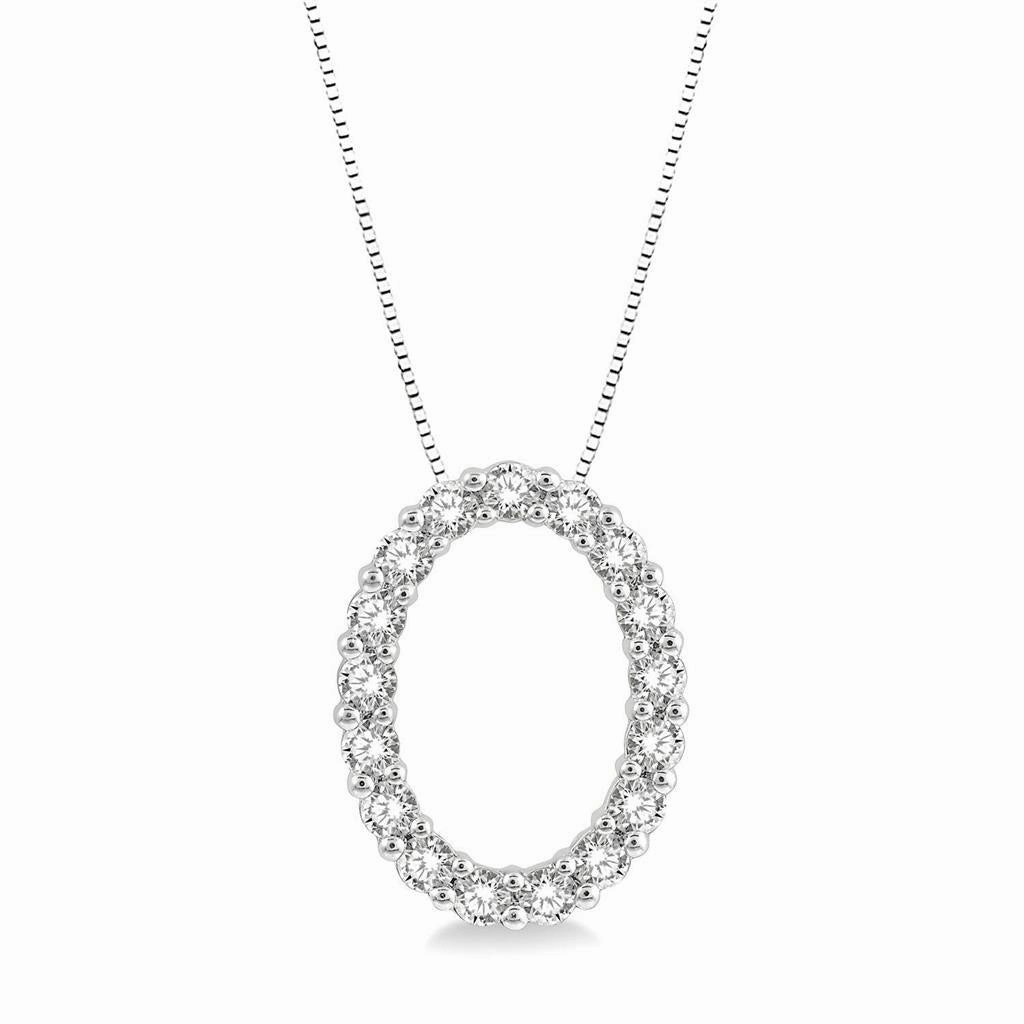 14K White Gold Oval Diamond Pendant Necklace