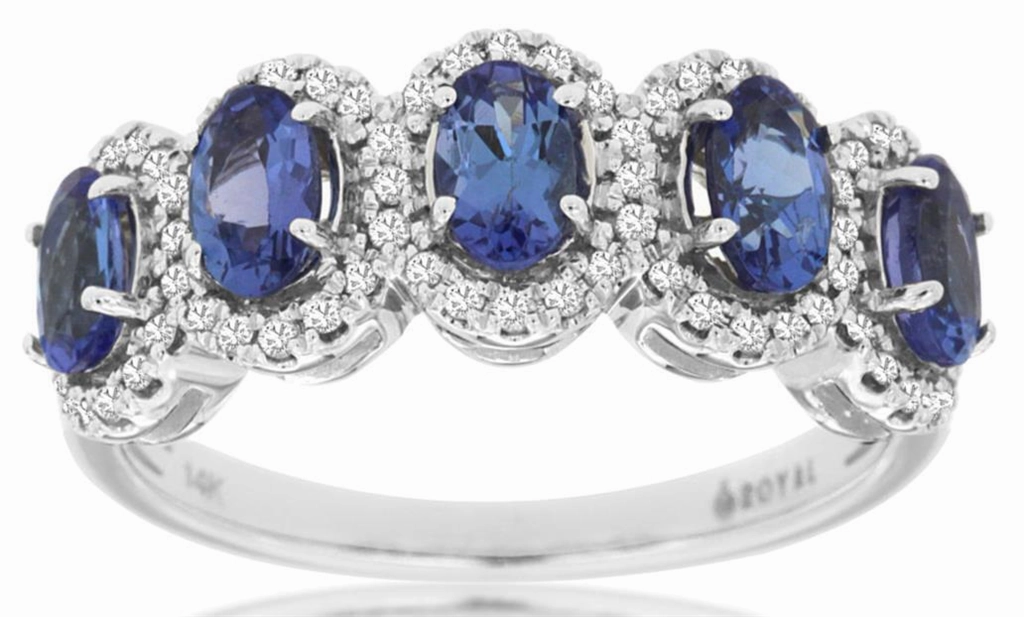 14K White Gold Oval Tanzanites Five Stone Diamond Halo Ring