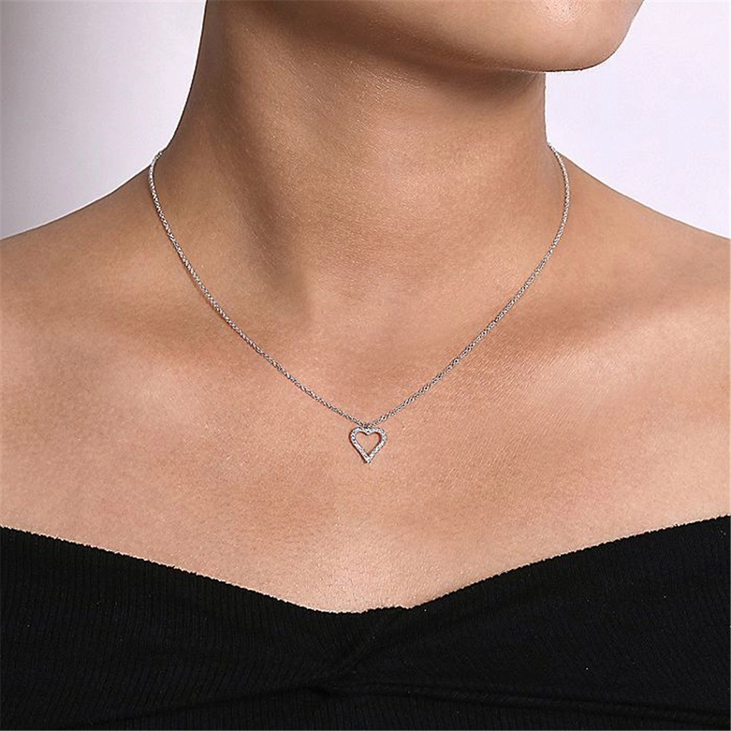 14K White Gold Pav Diamond Open Heart Necklace