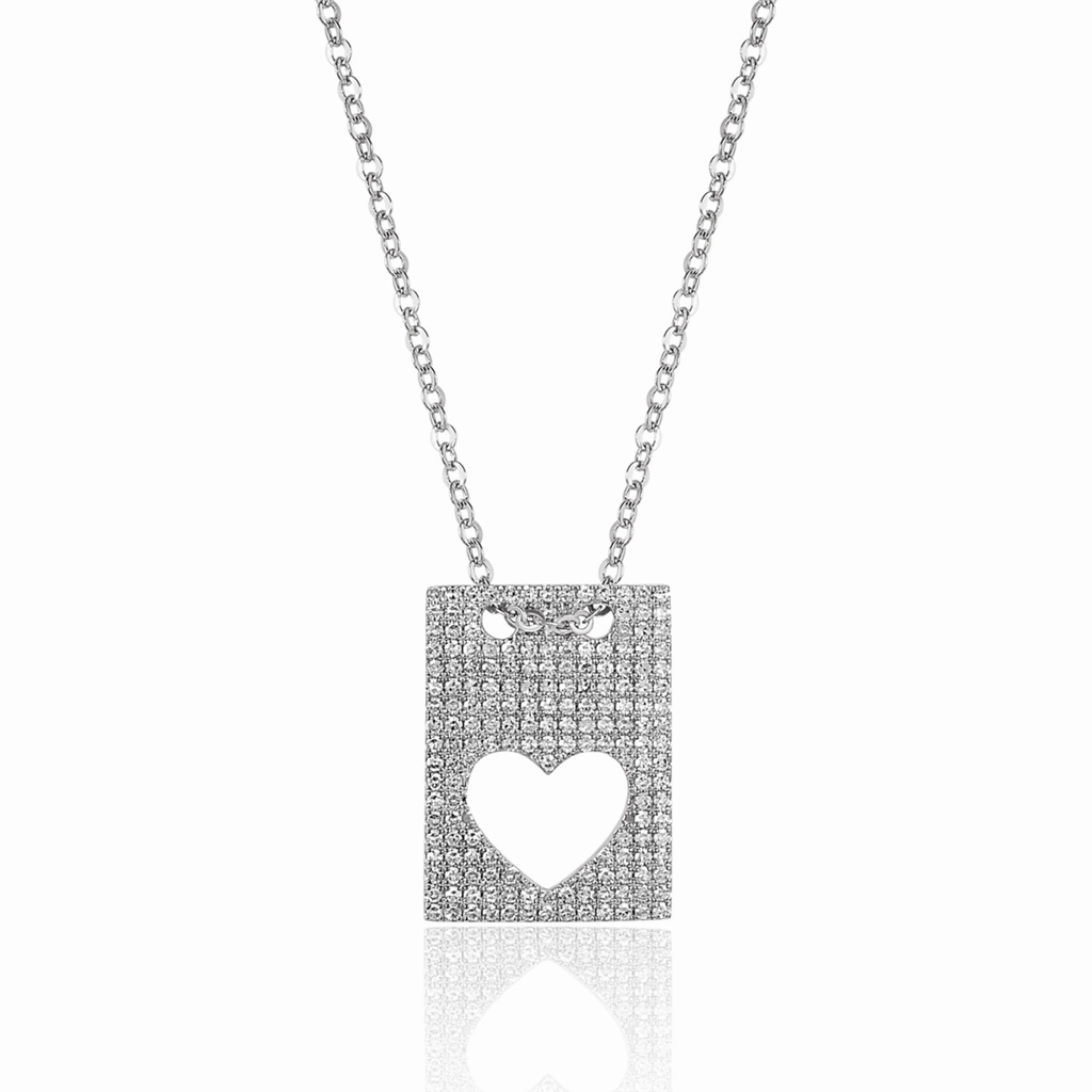 14K White Gold Pav Heart Tag Pendant Necklace