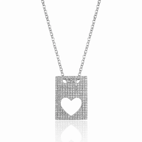 14K White Gold Pav Heart Tag Pendant Necklace