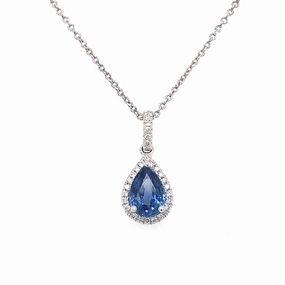 14K White Gold Pear Shaped Sapphire Pendant Necklace