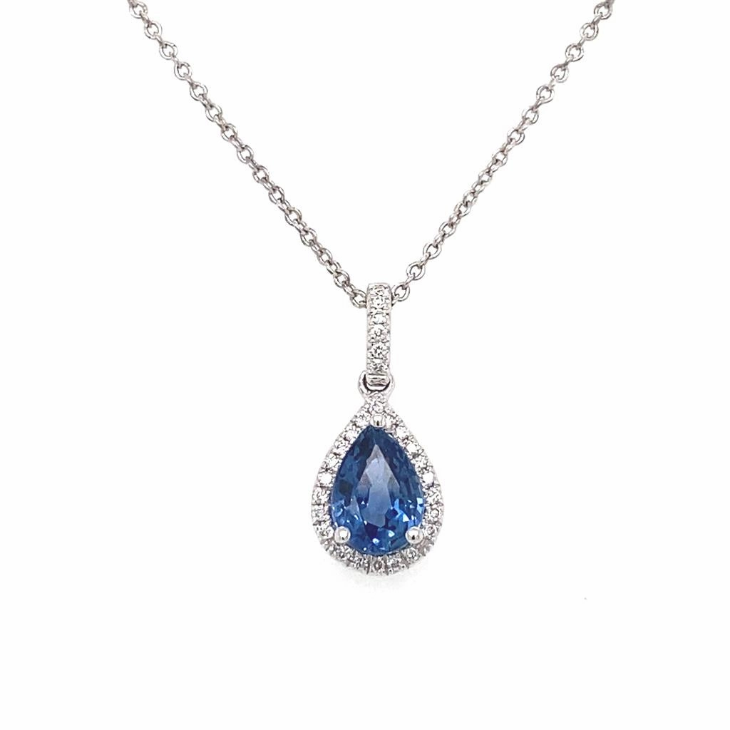 14K White Gold Pear Shaped Sapphire Pendant Necklace