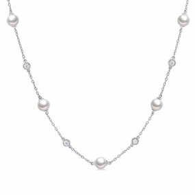 14K White Gold Pearl And Diamond Station Necklace