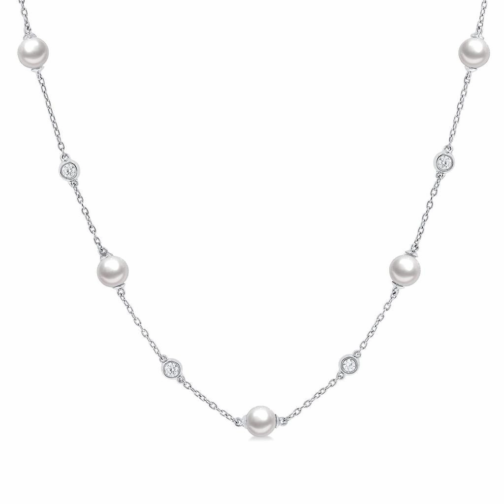 14K White Gold Pearl And Diamond Station Necklace