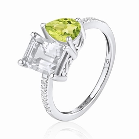 14K White Gold Peridot And White Topaz Toi Et Moi Ring