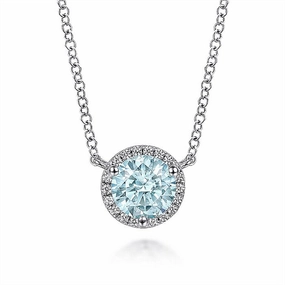 14K White Gold Round Aquamarine and Diamond Halo Pendant Necklace