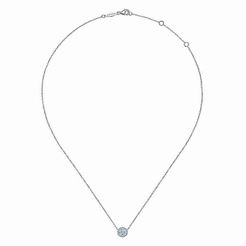 14K White Gold Round Aquamarine and Diamond Halo Pendant Necklace