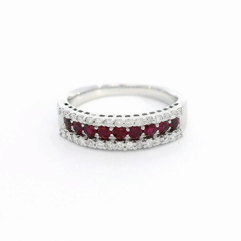 14K White Gold Round Rubies Band Ring