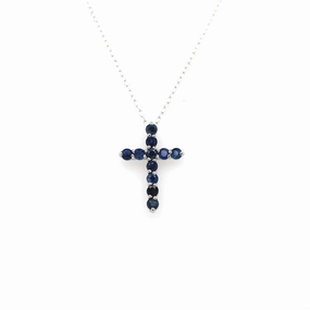 14K White Gold Sapphire Cross Pendant Necklace