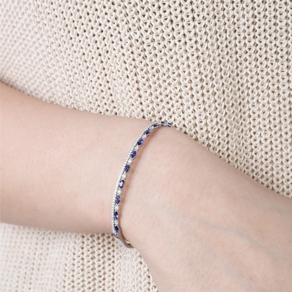 14K White Gold Sapphires And Diamond Bangle Bracelet