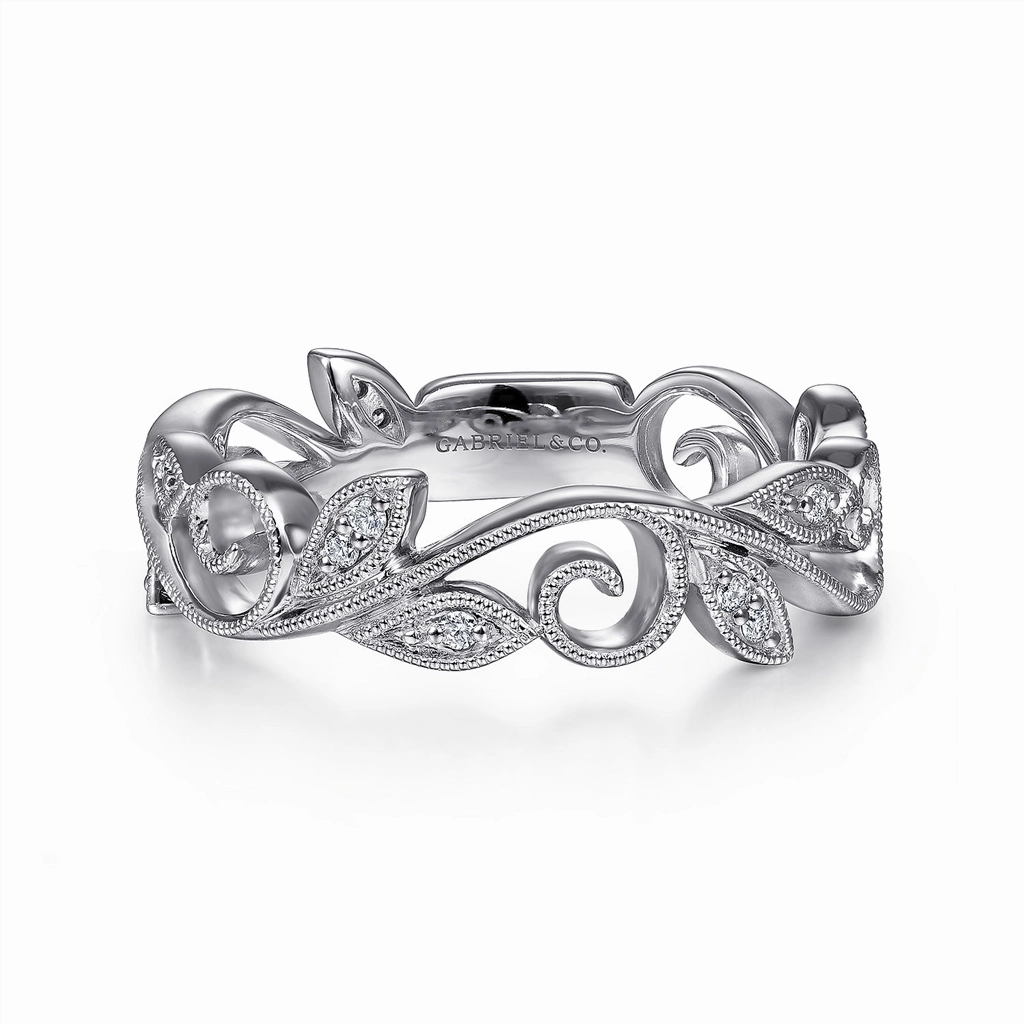 14K White Gold Scrolling Floral Diamond Stackable Ring