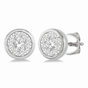 14K White Gold Stud Round Cluster Pav Diamond Earring