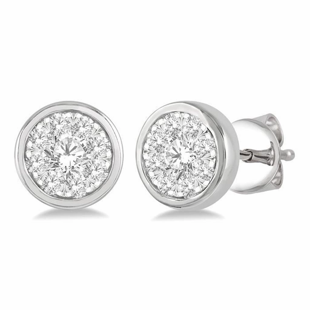 14K White Gold Stud Round Cluster Pav Diamond Earring