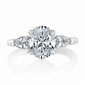 14K White Gold Three Stone Oval Natural Diamonds Engagement Ring