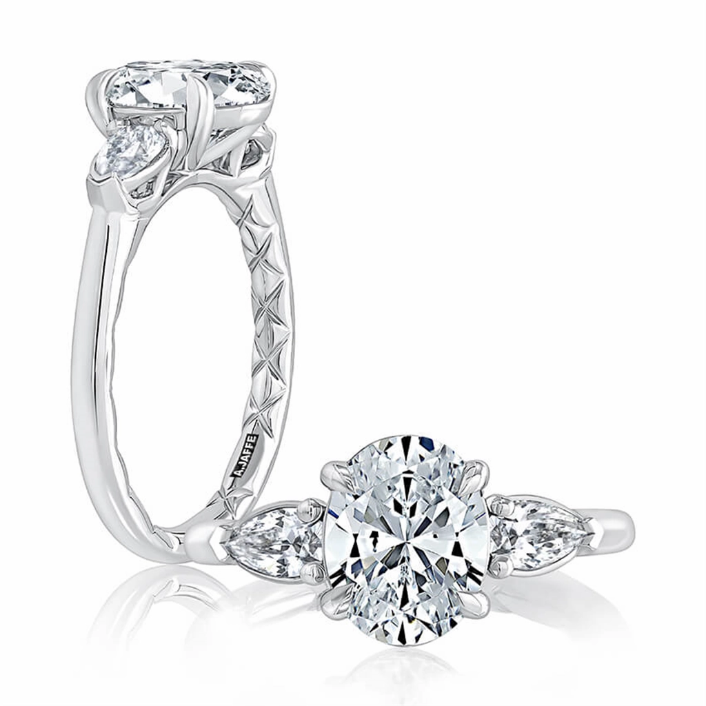 14K White Gold Three Stone Oval Natural Diamonds Engagement Ring