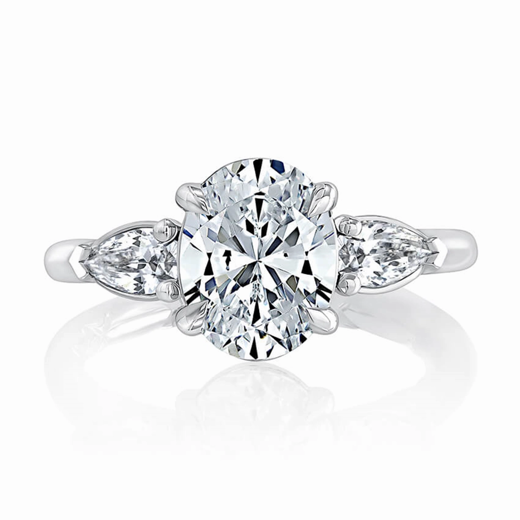 14K White Gold Three Stone Oval Natural Diamonds Engagement Ring