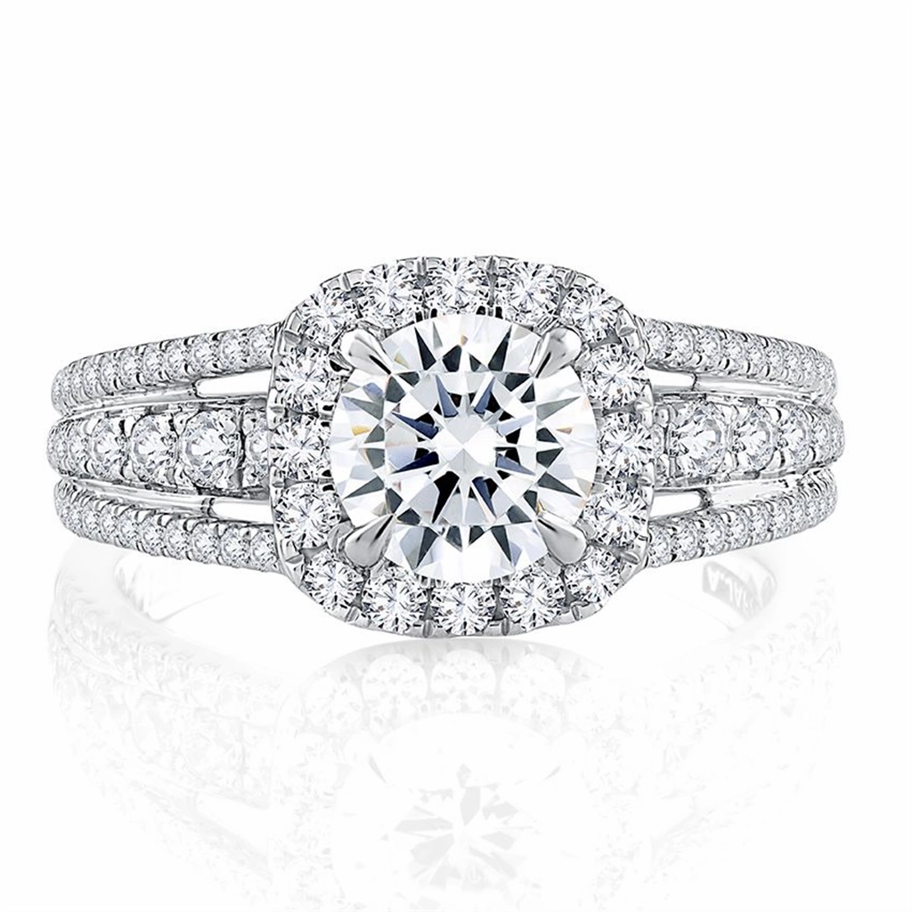 14K White Gold Triple Split Shank Halo Round Cut Diamond Engagement Ring