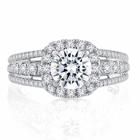 14K White Gold Triple Split Shank Halo Round Cut Diamond Engagement Ring