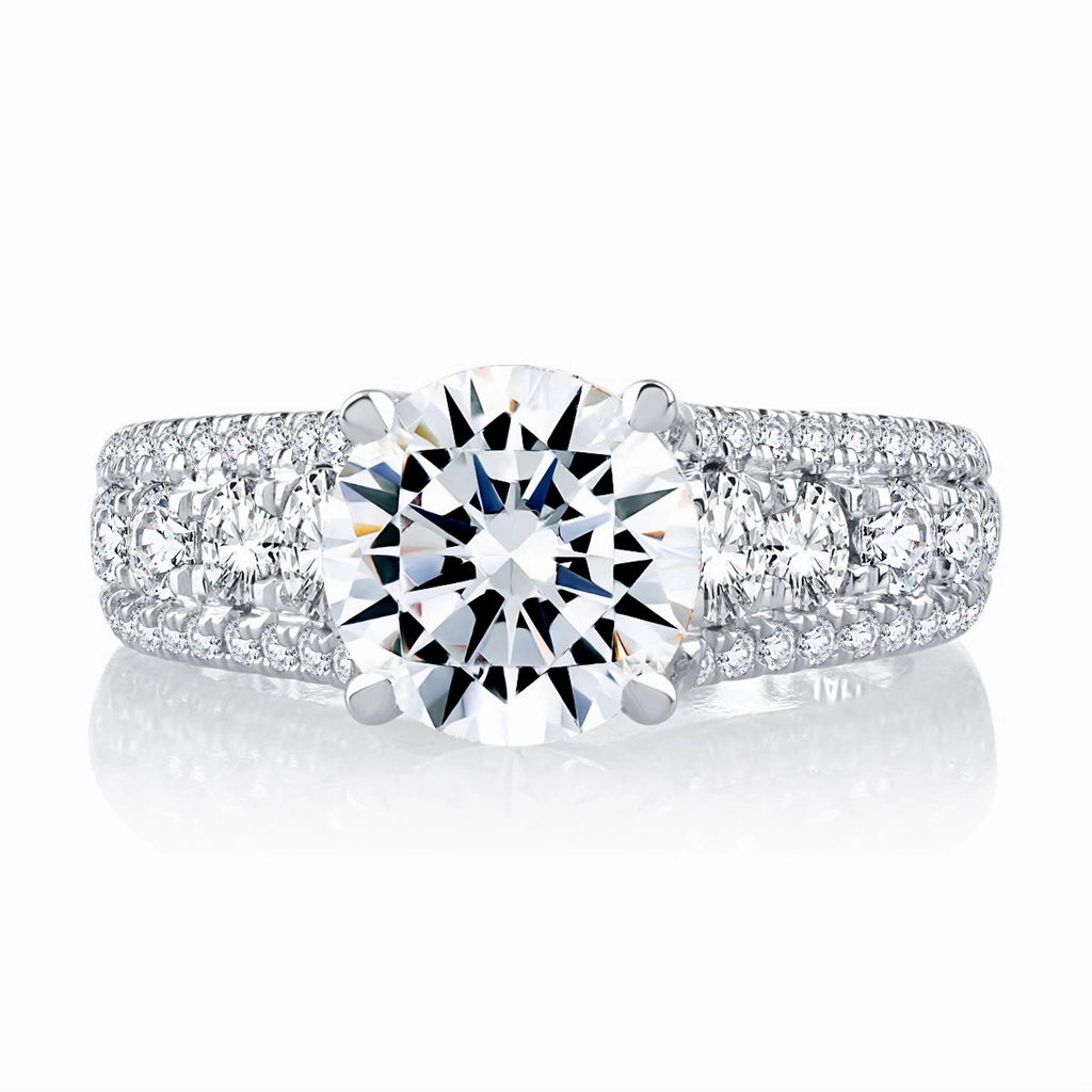 14K White Gold Wide Band Round Diamond Engagement Ring
