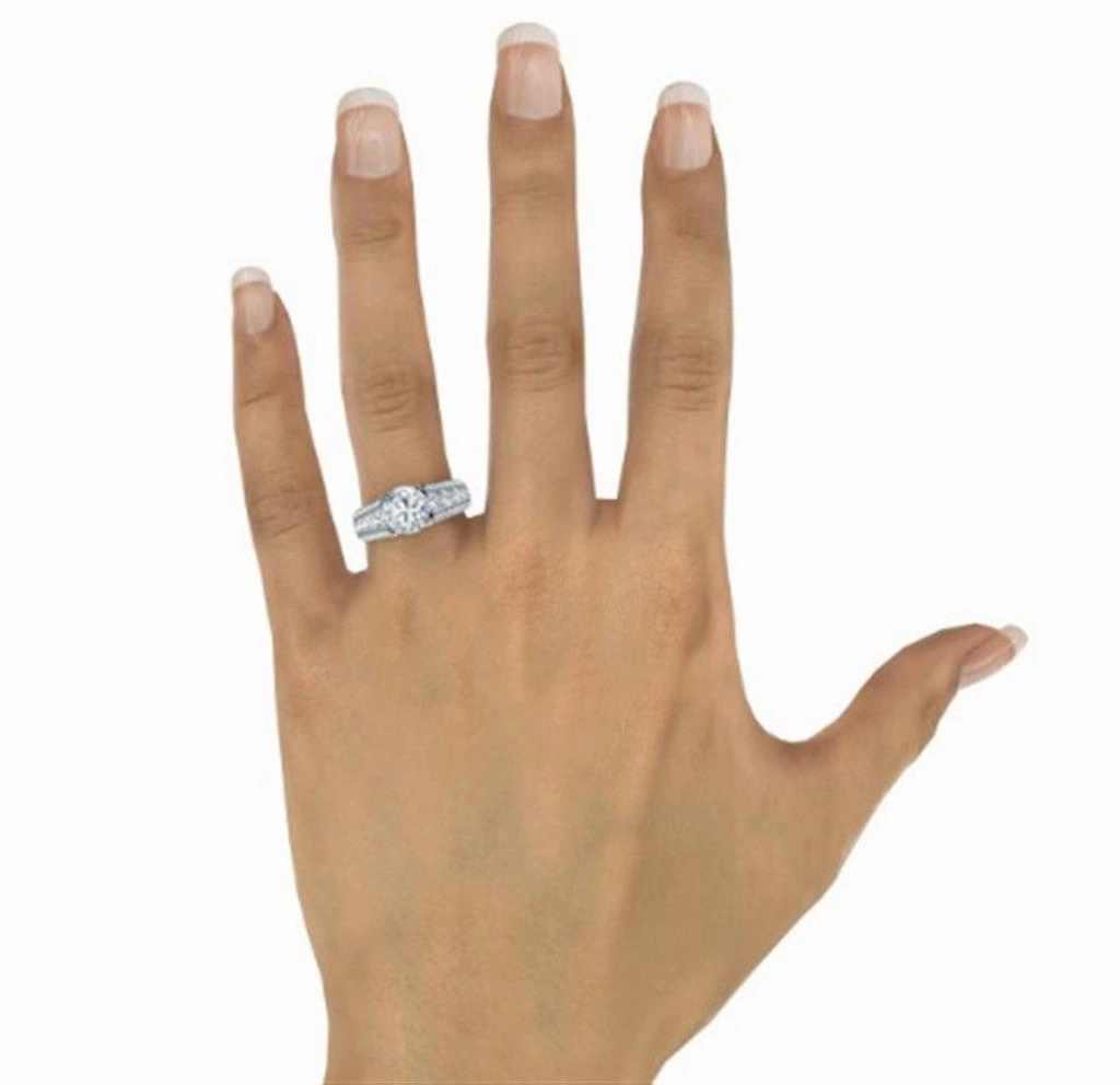 14K White Gold Wide Band Round Diamond Engagement Ring