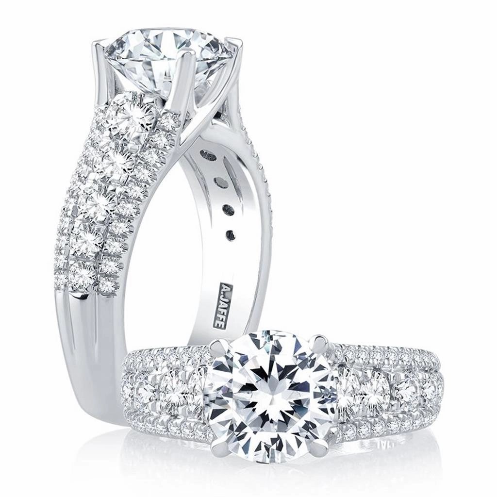 14K White Gold Wide Band Round Diamond Engagement Ring