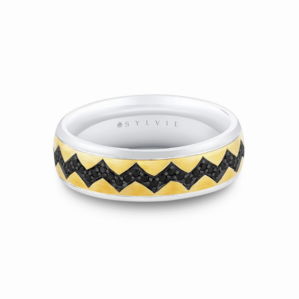 14K Yellow And White Gold Enhanced Black Diamonds 7mm Straight Band