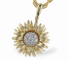 14K Yellow And White Gold Flower Diamond Pendant Necklace