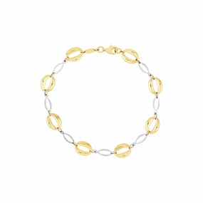 14K Yellow And White Gold Puffed And Diamond Cut Oval Link Bracelet