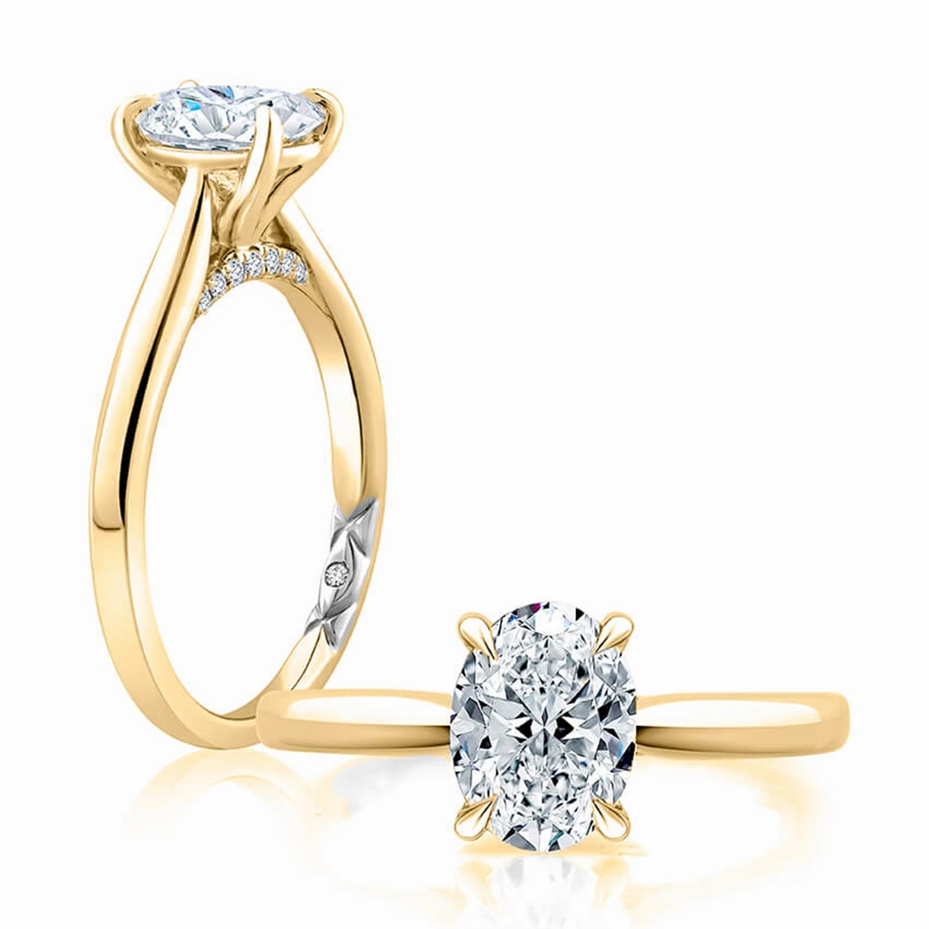 14K Yellow And White Gold Solitaire Diamond Engagement Ring With Peek-A-Boo Diamonds